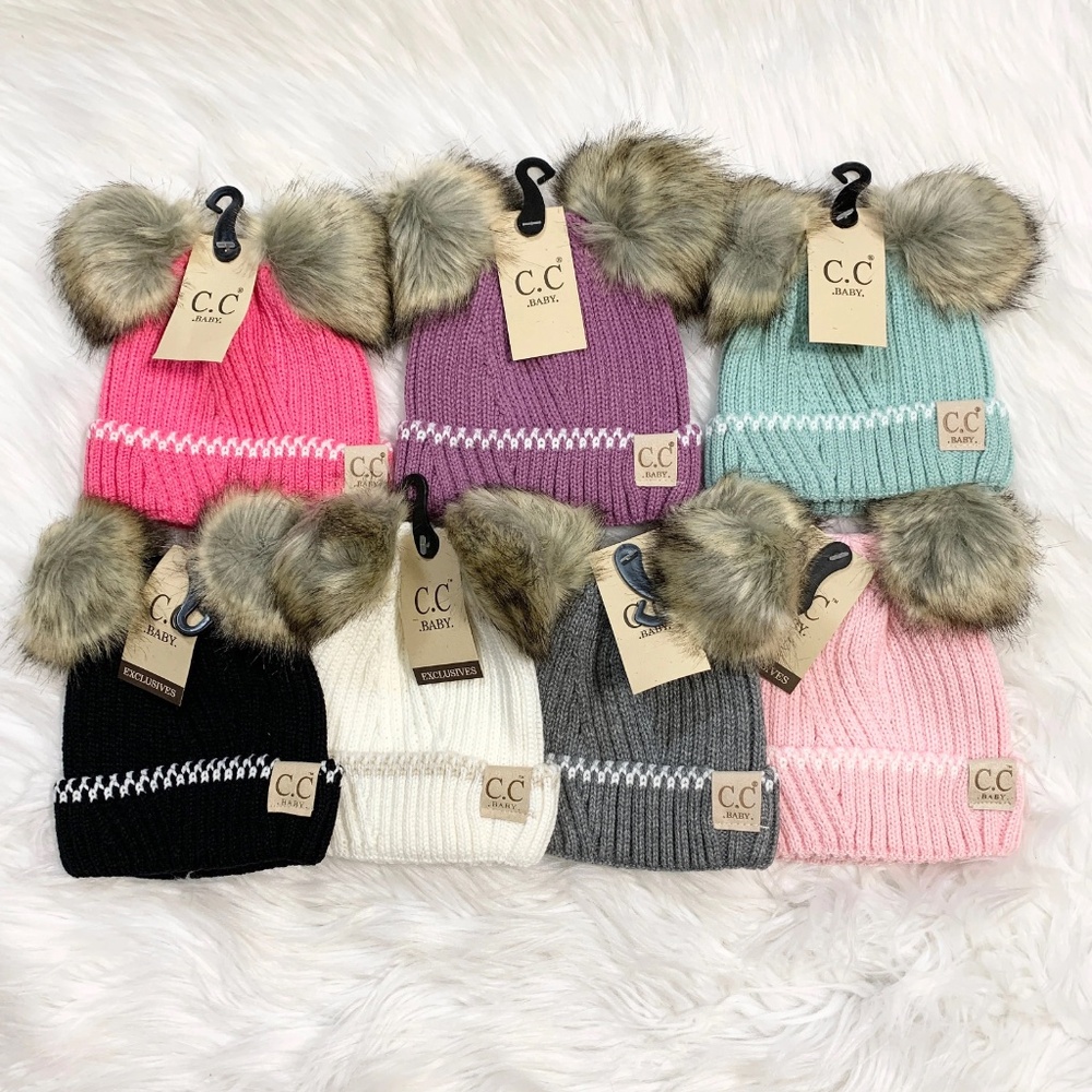 Baby C.C Double Pom Braided Beanie, Winter Beanies, New Born Baby Cozy Hat